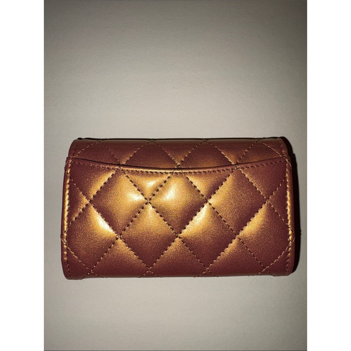 Chanel Gold Metallic Quilted Lambskin Flap Compact Wallet Card Holder