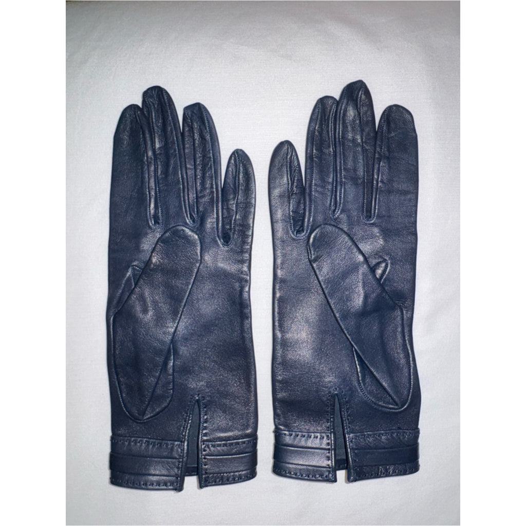 Hermès Rare Vintage Navy Blue Lambskin Gold Chain Gloves size 7.5 EUC