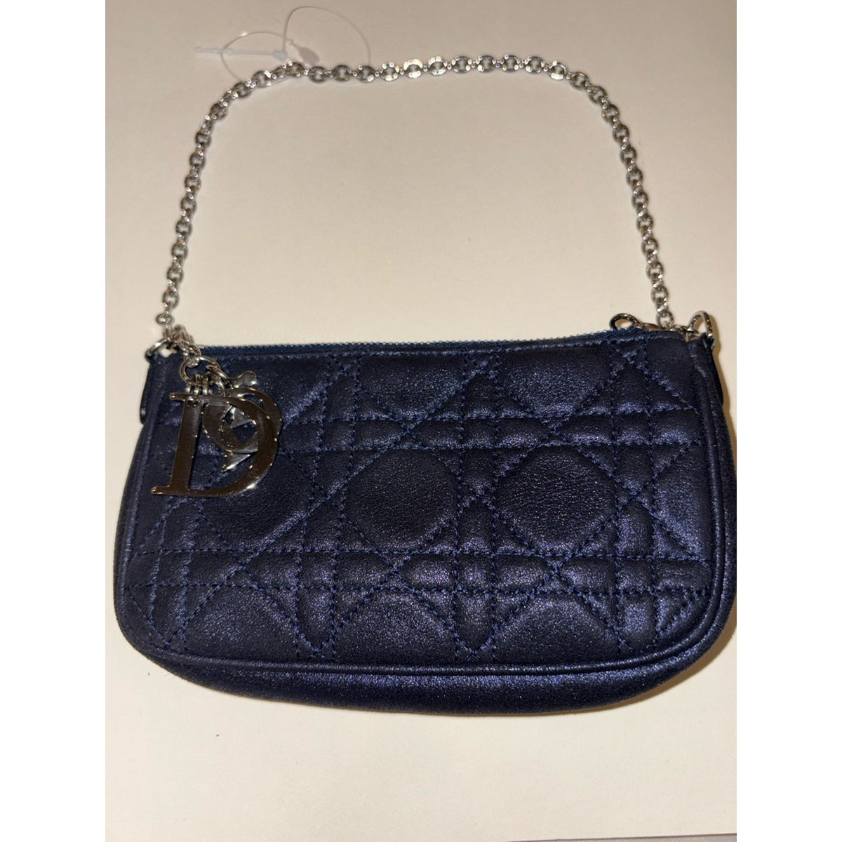 DIOR Metallic Navy Blue Mini Cannage Purse Silver tone Chain Strap Lady Dior