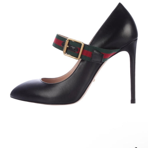 Authentic Gucci Sylvie Black Leather Pumps Mary Jane Web Strap, size 39