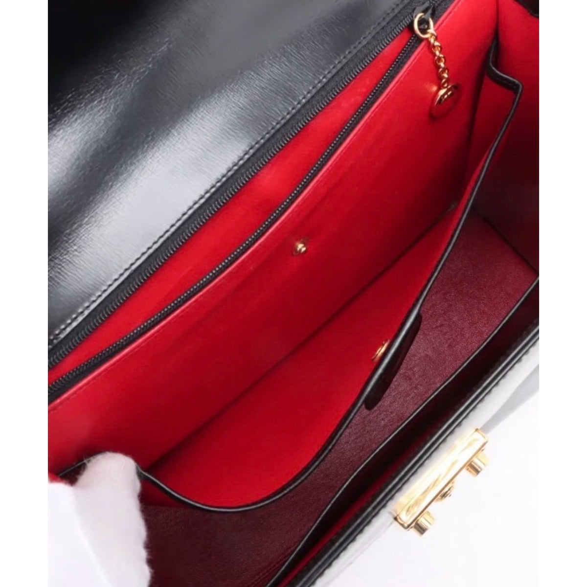 GUCCI Vintage Lady Lock Top Handle Black Leather Bag, Red Interior