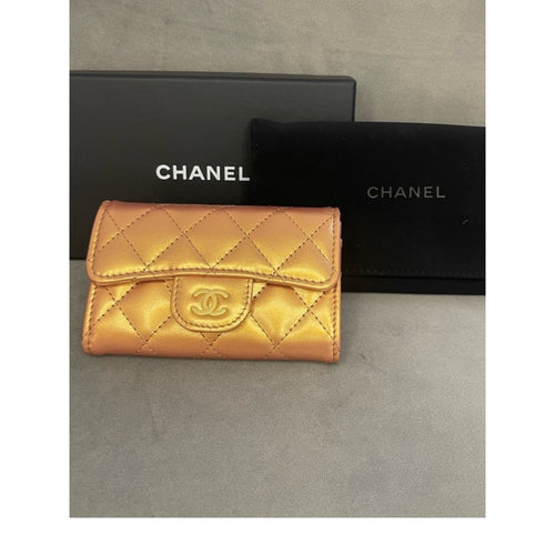 Chanel Gold Metallic Quilted Lambskin Flap Compact Wallet Card Holder
