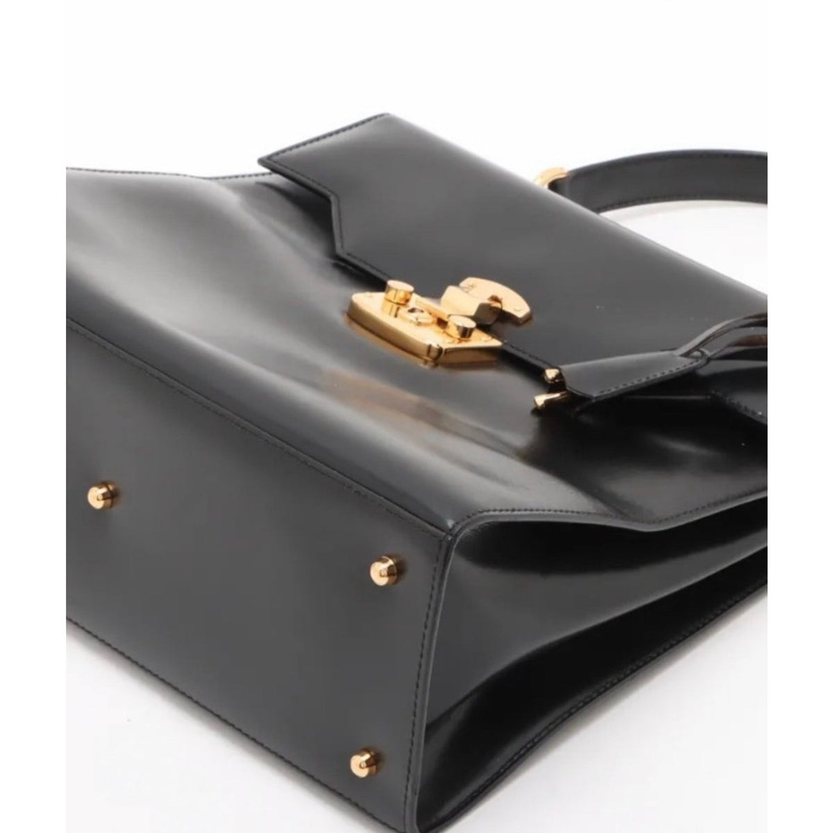 GUCCI Vintage Lady Lock Top Handle Black Leather Bag, Red Interior