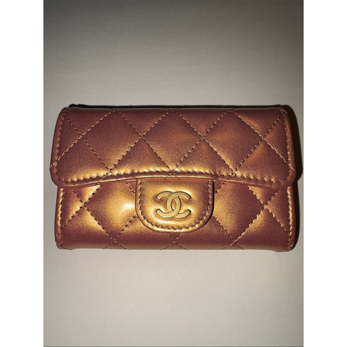 Chanel Gold Metallic Quilted Lambskin Flap Compact Wallet Card Holder