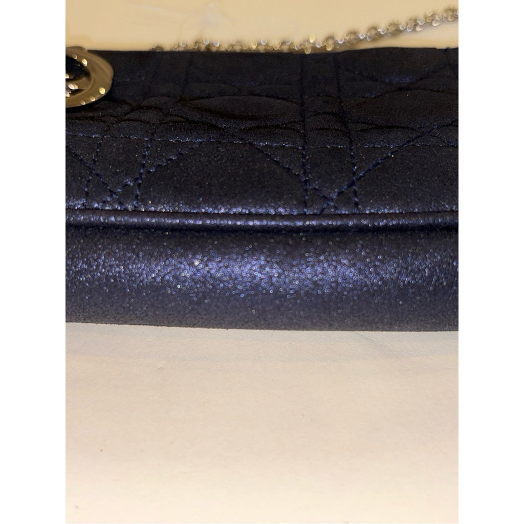 DIOR Metallic Navy Blue Mini Cannage Purse Silver tone Chain Strap Lady Dior