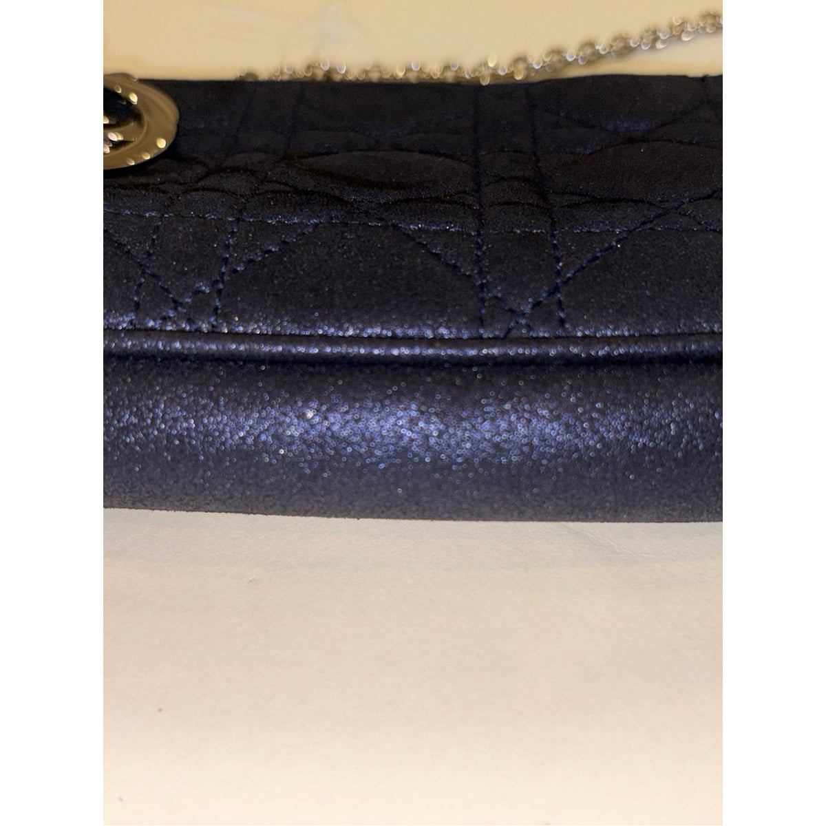 DIOR Metallic Navy Blue Mini Cannage Purse Silver tone Chain Strap Lady Dior