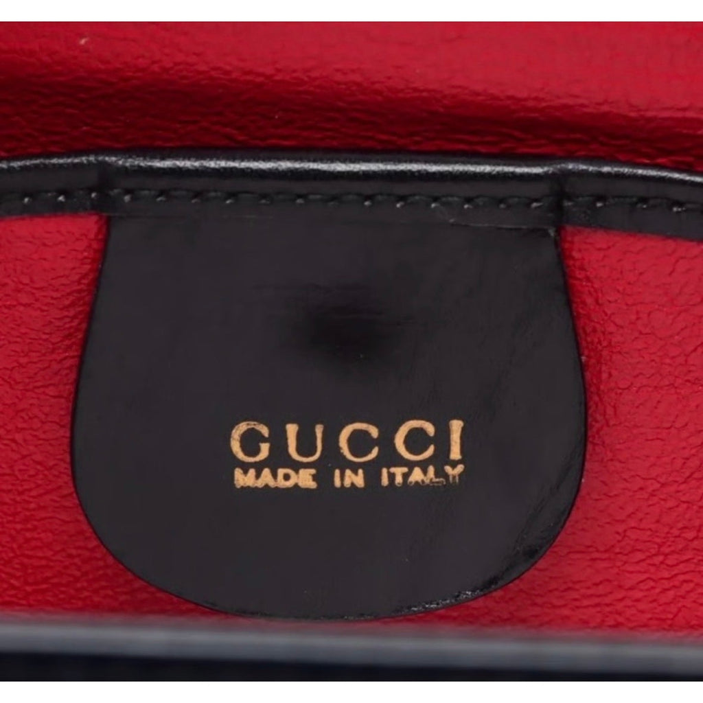 GUCCI Vintage Lady Lock Top Handle Black Leather Bag, Red Interior
