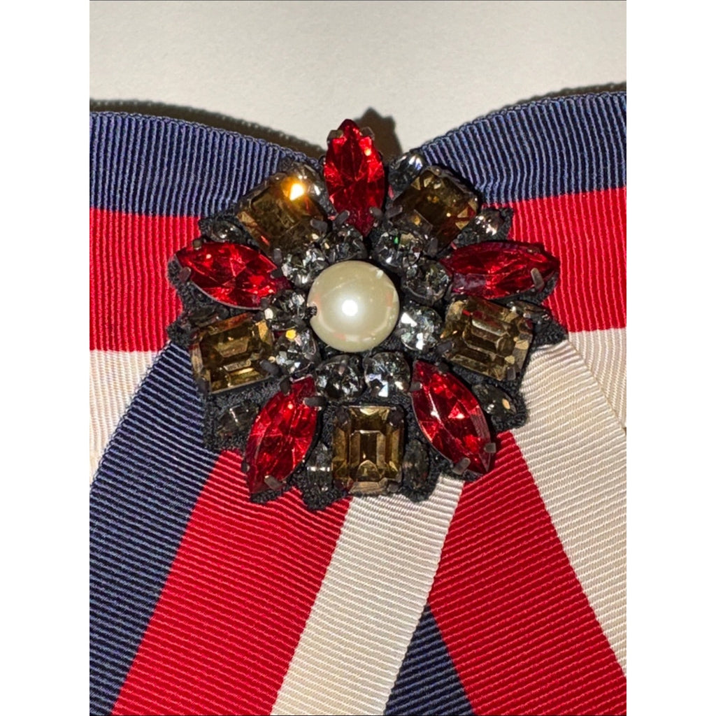 Gucci Web Grosgrain Bow Brooch Red White Blue Bee Medallion Alessandro Michele