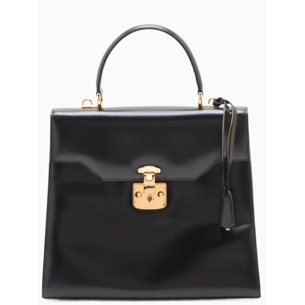 GUCCI Vintage Lady Lock Top Handle Black Leather Bag, Red Interior