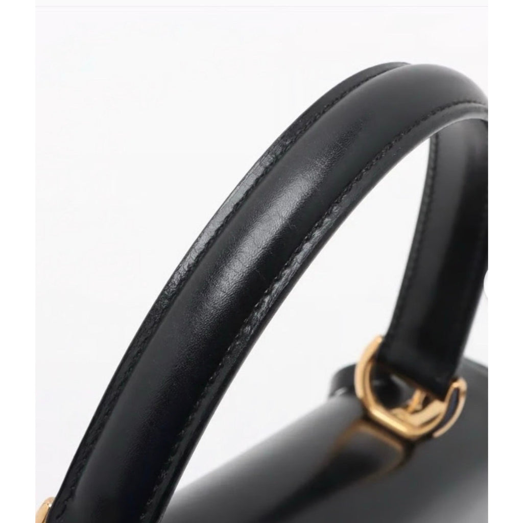 GUCCI Vintage Lady Lock Top Handle Black Leather Bag, Red Interior