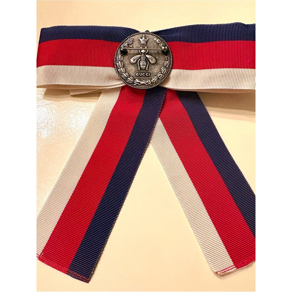 Gucci Web Grosgrain Bow Brooch Red White Blue Bee Medallion Alessandro Michele