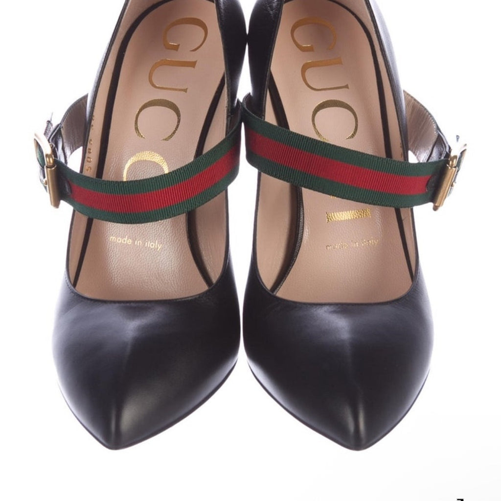 Authentic Gucci Sylvie Black Leather Pumps Mary Jane Web Strap, size 39