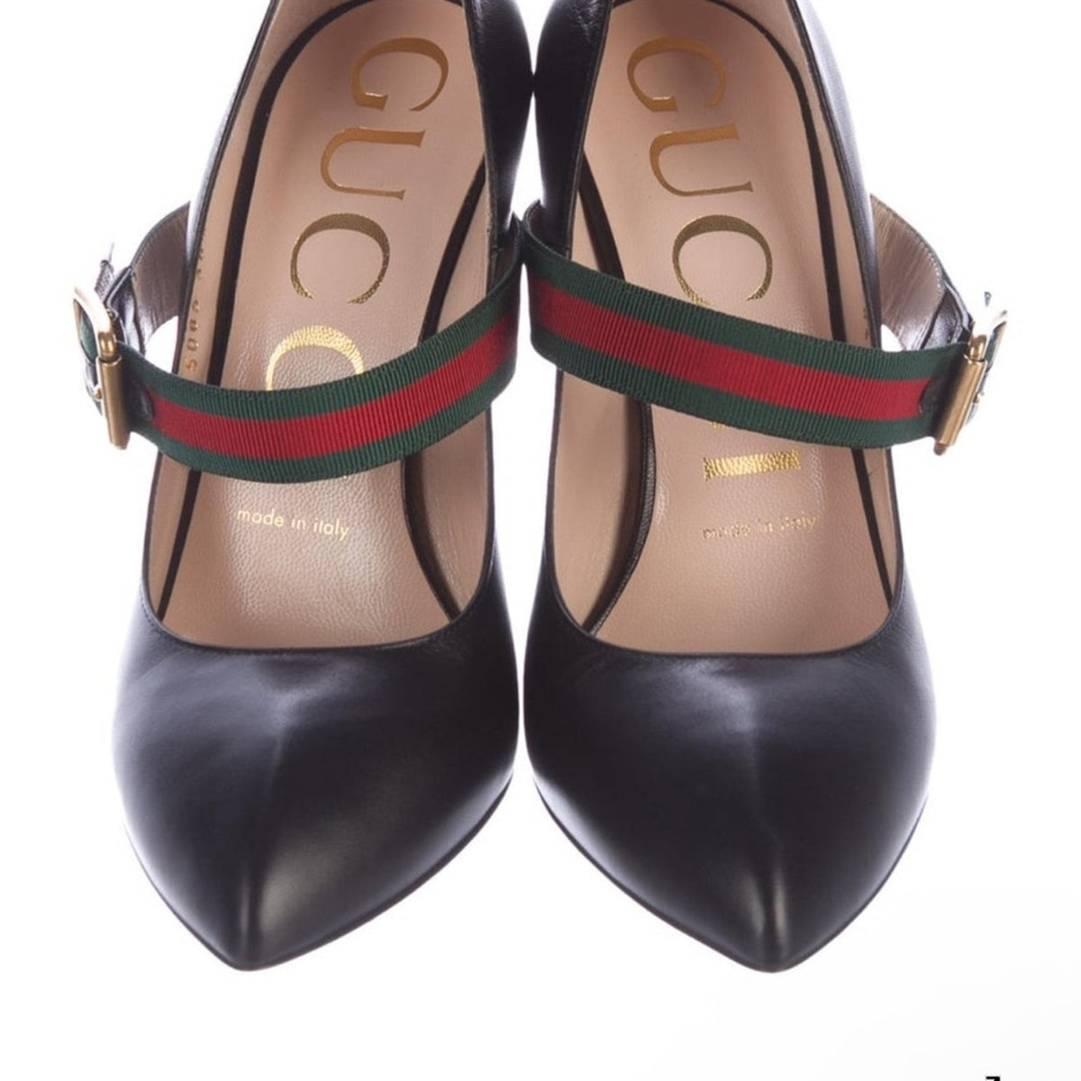 Authentic Gucci Sylvie Black Leather Pumps Mary Jane Web Strap, size 39