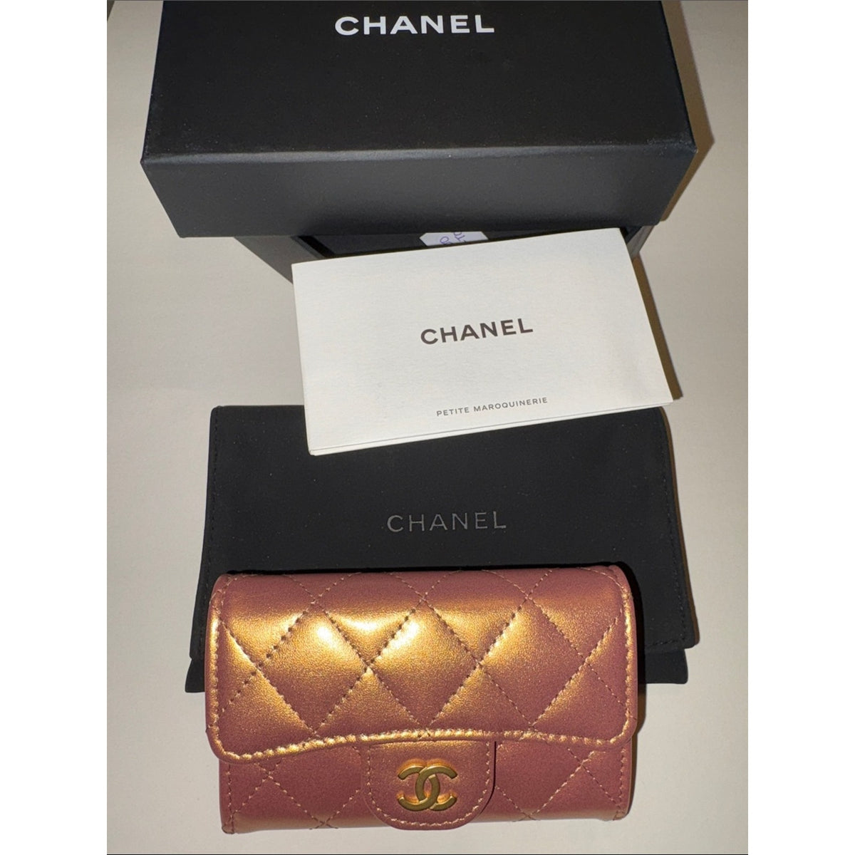 Chanel Gold Metallic Quilted Lambskin Flap Compact Wallet Card Holder