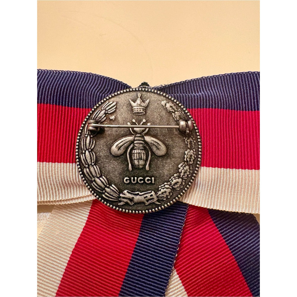 Gucci Web Grosgrain Bow Brooch Red White Blue Bee Medallion Alessandro Michele