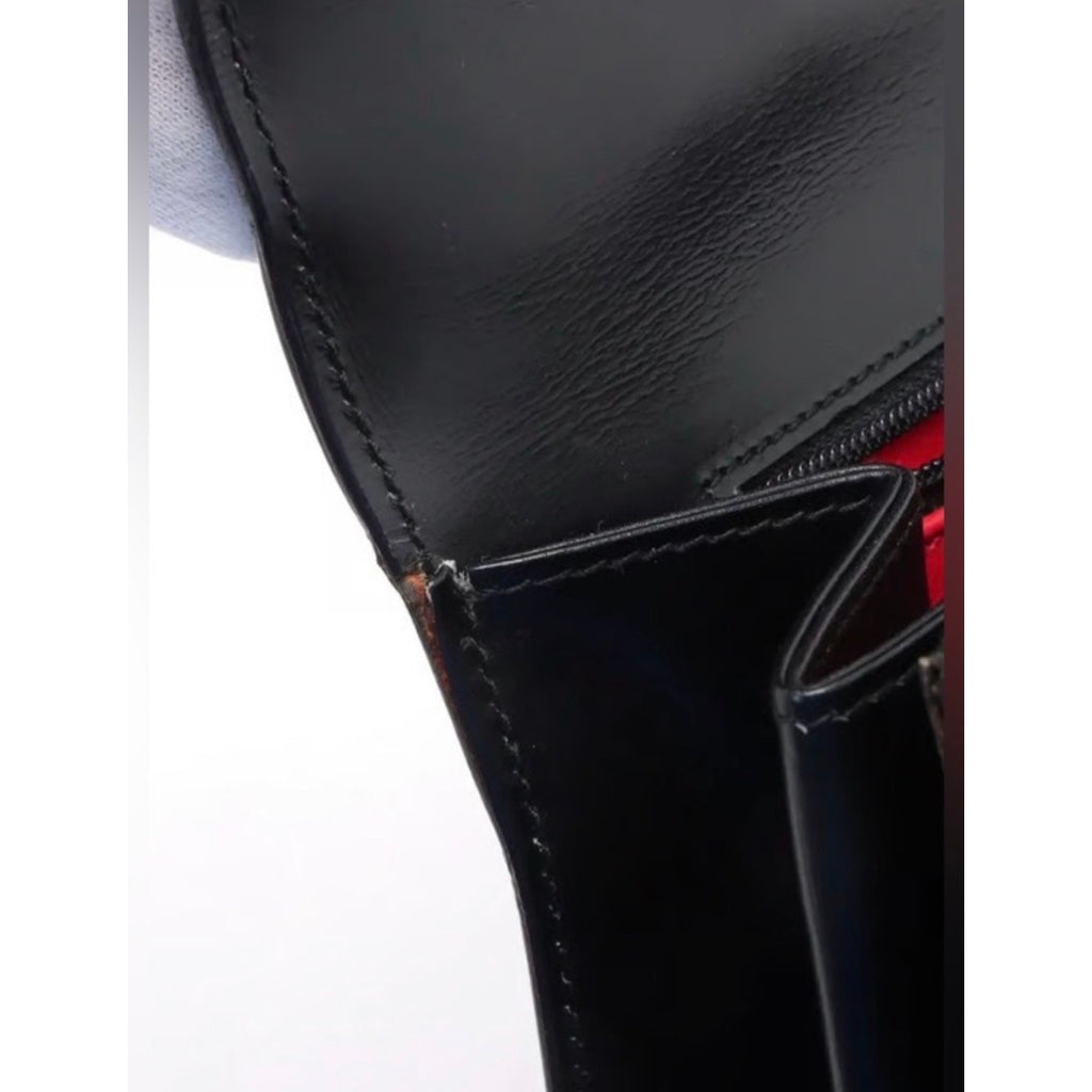 GUCCI Vintage Lady Lock Top Handle Black Leather Bag, Red Interior