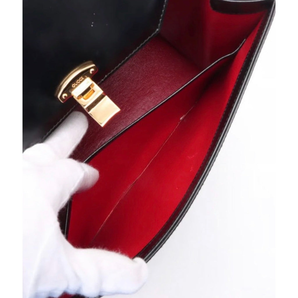 GUCCI Vintage Lady Lock Top Handle Black Leather Bag, Red Interior