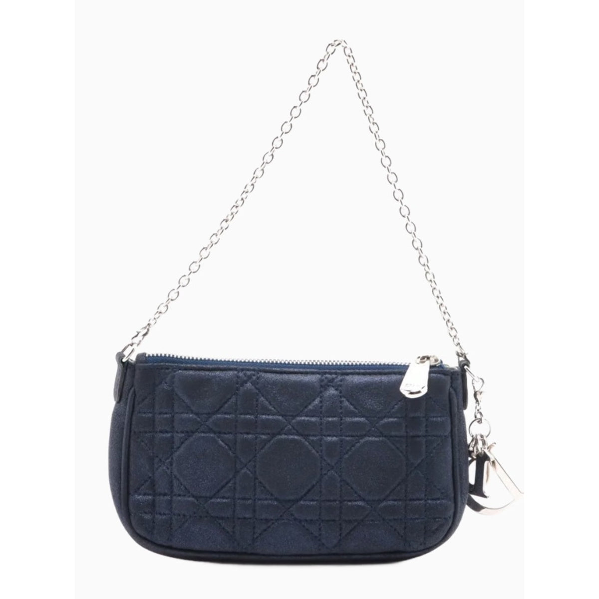 DIOR Metallic Navy Blue Mini Cannage Purse Silver tone Chain Strap Lady Dior