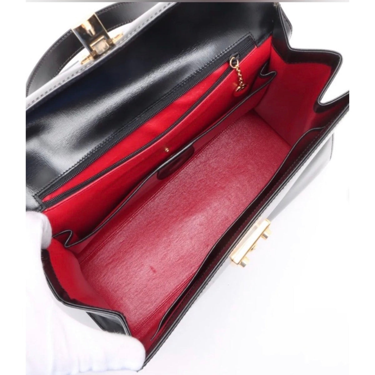 GUCCI Vintage Lady Lock Top Handle Black Leather Bag, Red Interior