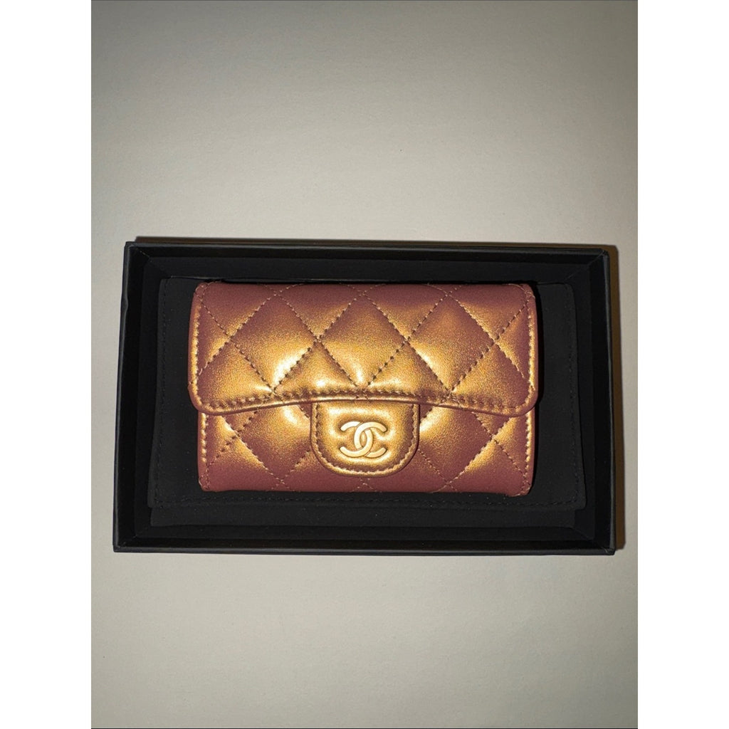Chanel Gold Metallic Quilted Lambskin Flap Compact Wallet Card Holder