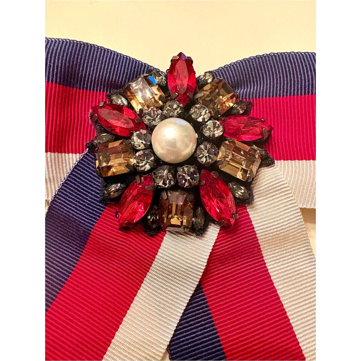 Gucci Web Grosgrain Bow Brooch Red White Blue Bee Medallion Alessandro Michele