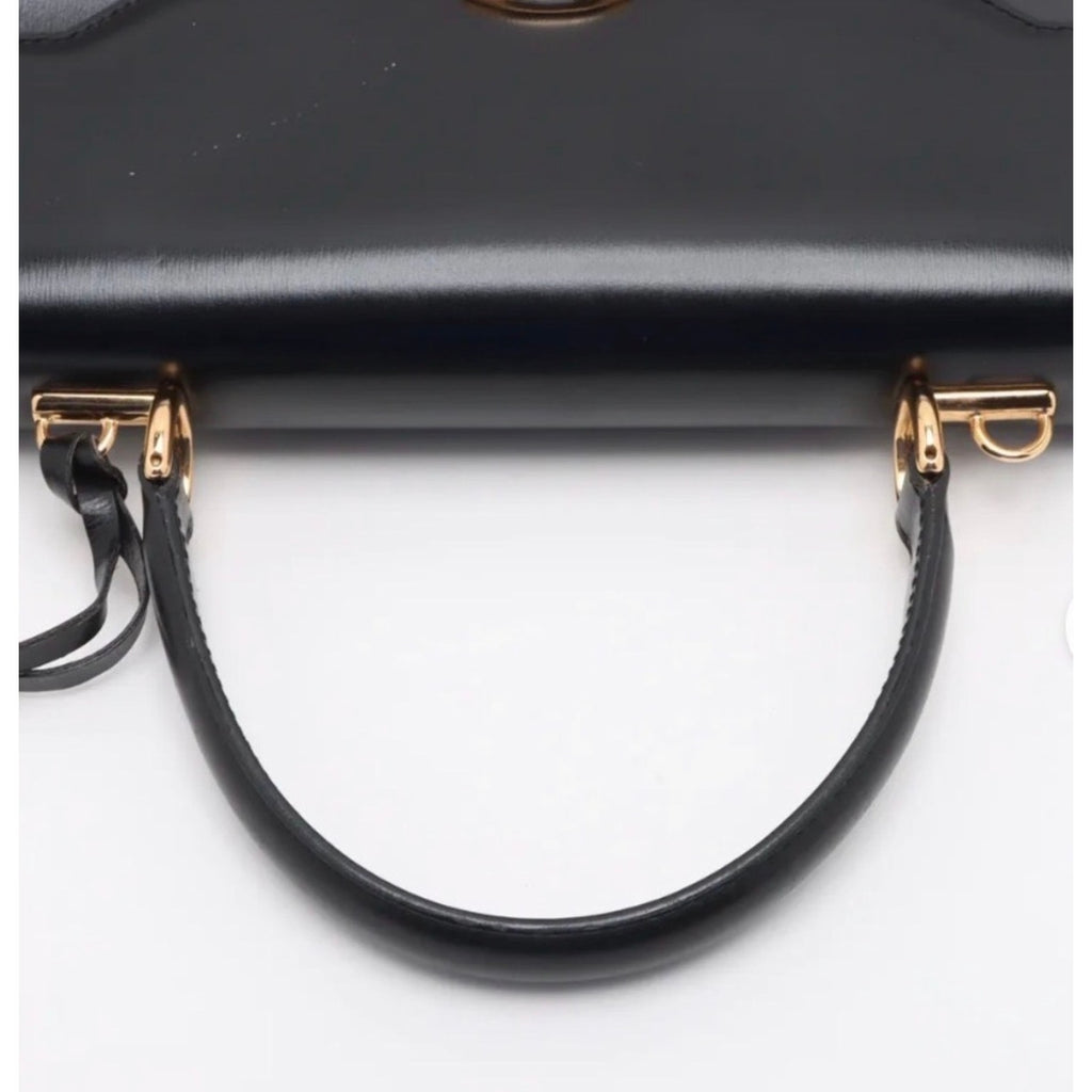 GUCCI Vintage Lady Lock Top Handle Black Leather Bag, Red Interior