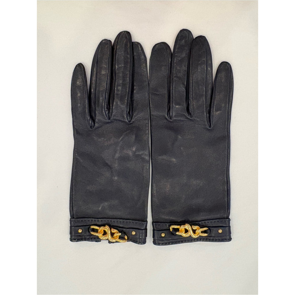 Hermès Rare Vintage Navy Blue Lambskin Gold Chain Gloves size 7.5 EUC