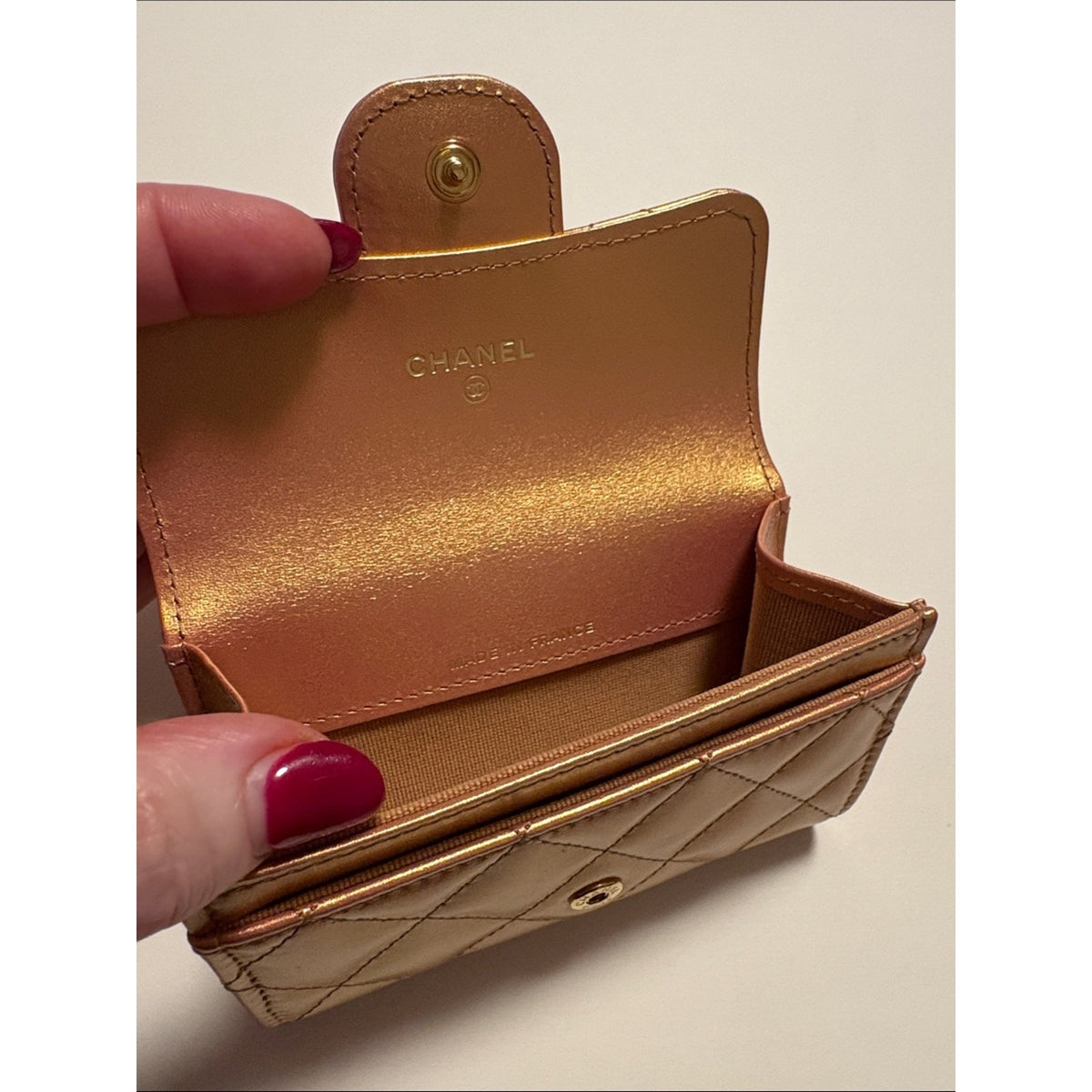 Chanel Gold Metallic Quilted Lambskin Flap Compact Wallet Card Holder