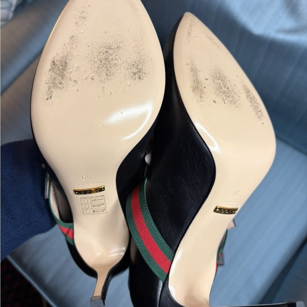 Authentic Gucci Sylvie Black Leather Pumps Mary Jane Web Strap, size 39