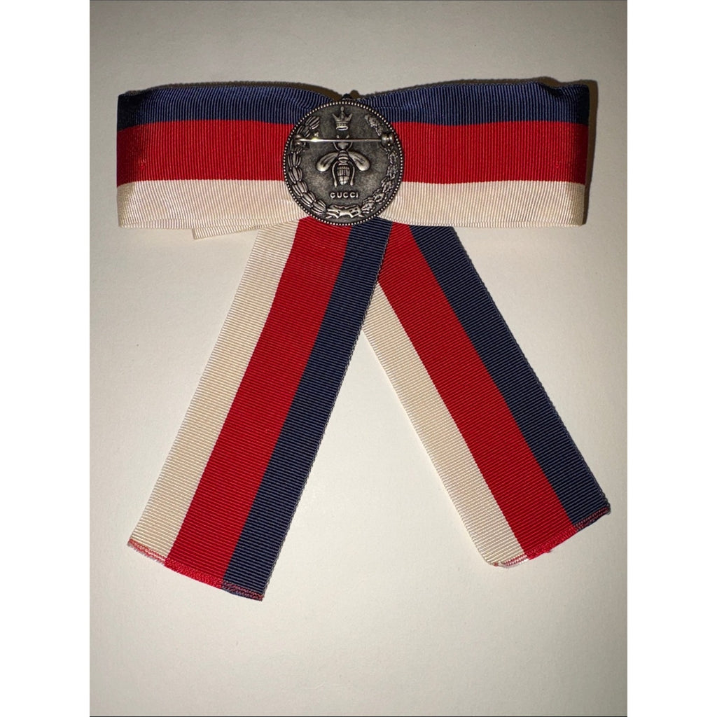 Gucci Web Grosgrain Bow Brooch Red White Blue Bee Medallion Alessandro Michele