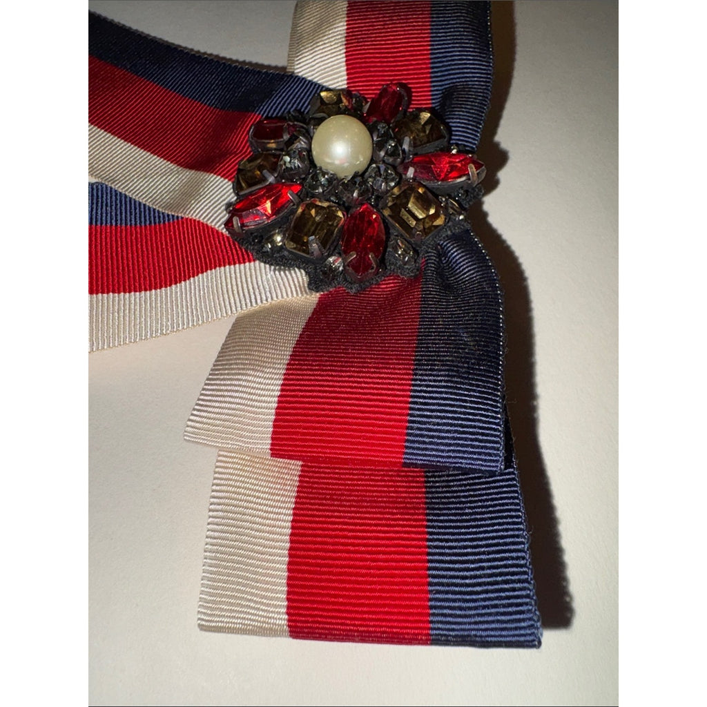 Gucci Web Grosgrain Bow Brooch Red White Blue Bee Medallion Alessandro Michele
