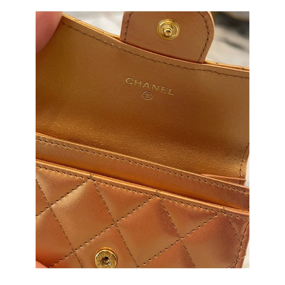 Chanel Gold Metallic Quilted Lambskin Flap Compact Wallet Card Holder